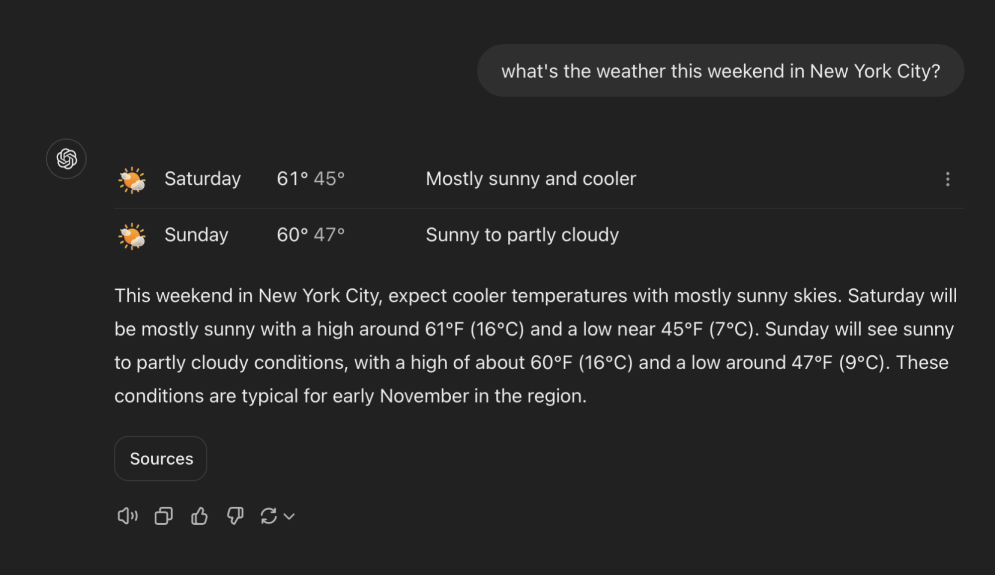 ChatGPT search results for asking about the weather in New York City