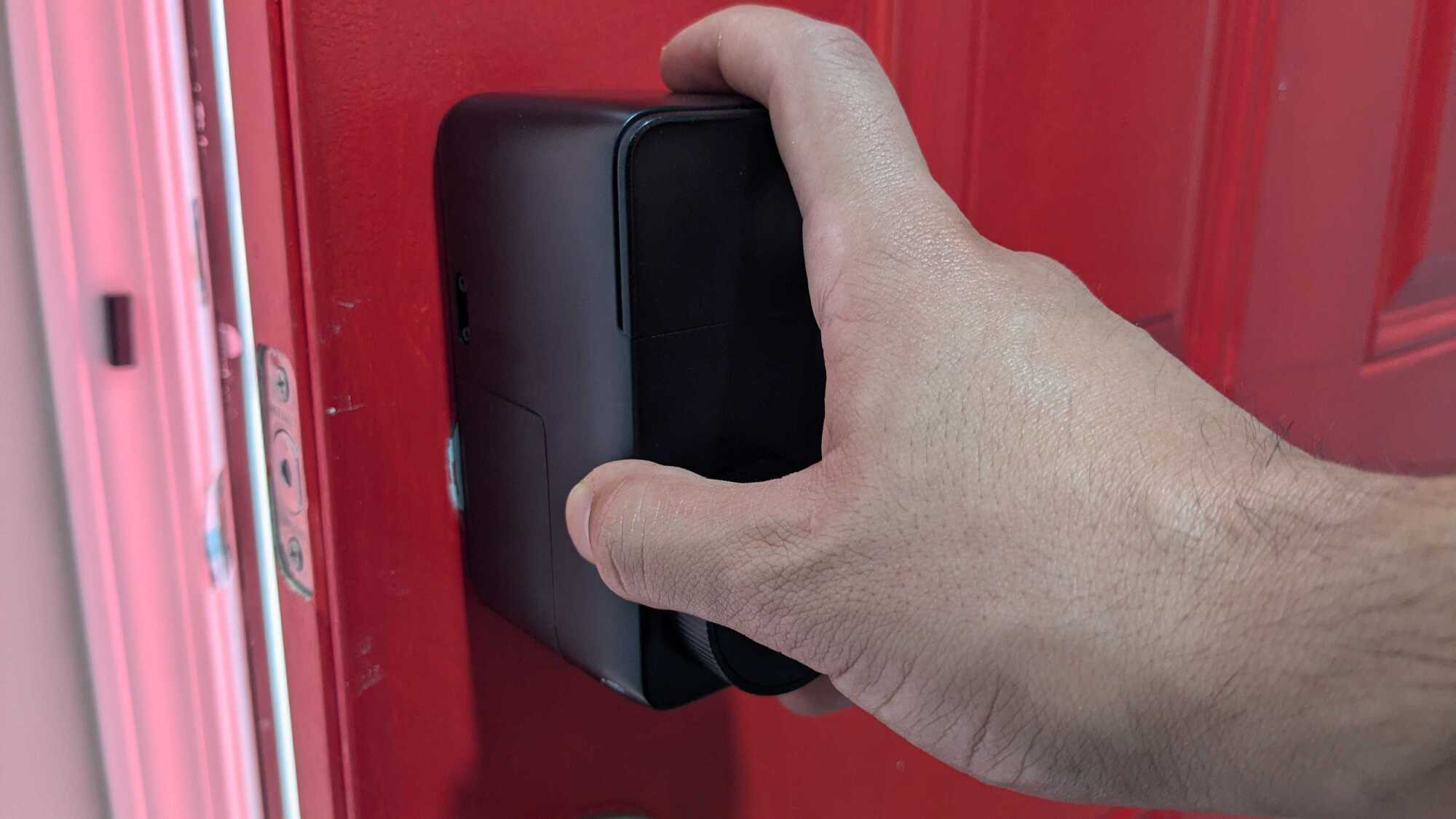 It's easy to snap on the Smart Lock Pro to the lock bracket.