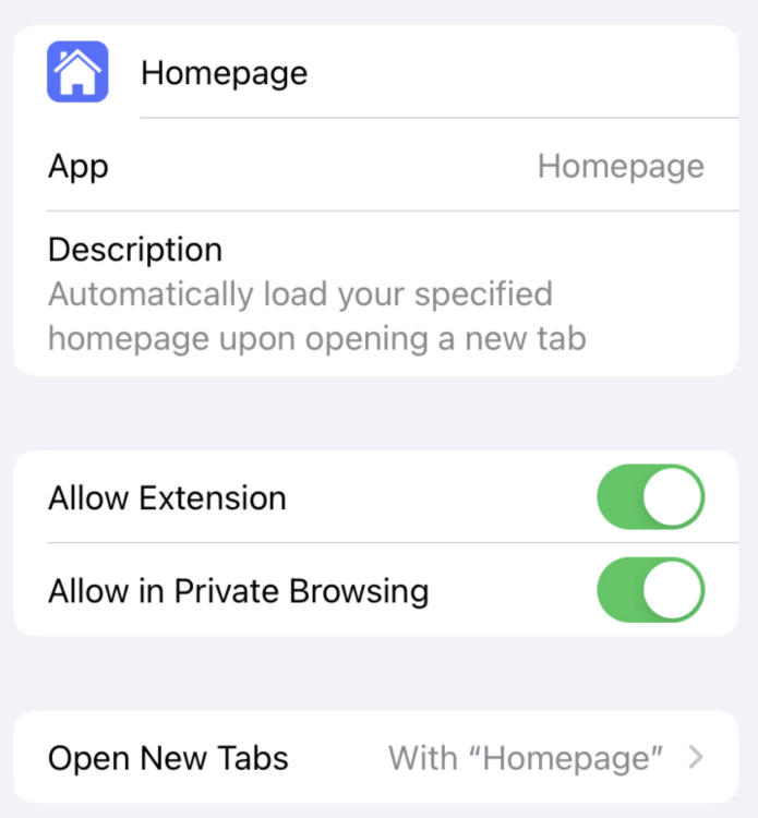 A screenshot of the extension settings for Homepage