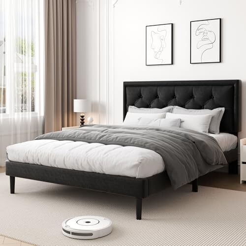 CXVX Queen Size Platform Bed Frame with Upholstered Velvet Button Tufted Headboard, Mattress Foundation with Wooden Slat Support, No Box Spring Needed, Easy Assembly, Noise Free, Black