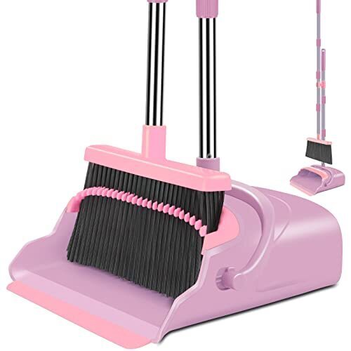 kelamayi Broom and Dustpan Set for Home, Office, Indoor&Outdoor Sweeping, Stand Up Broom and Dustpan (Pink)