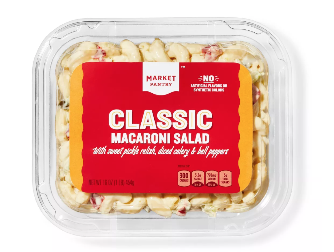 A close-up of macaroni salad in a container.