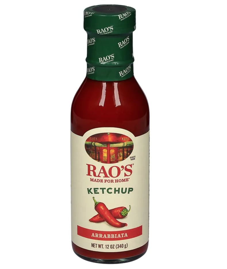 A bottle of Rao's ketchup on a white background.