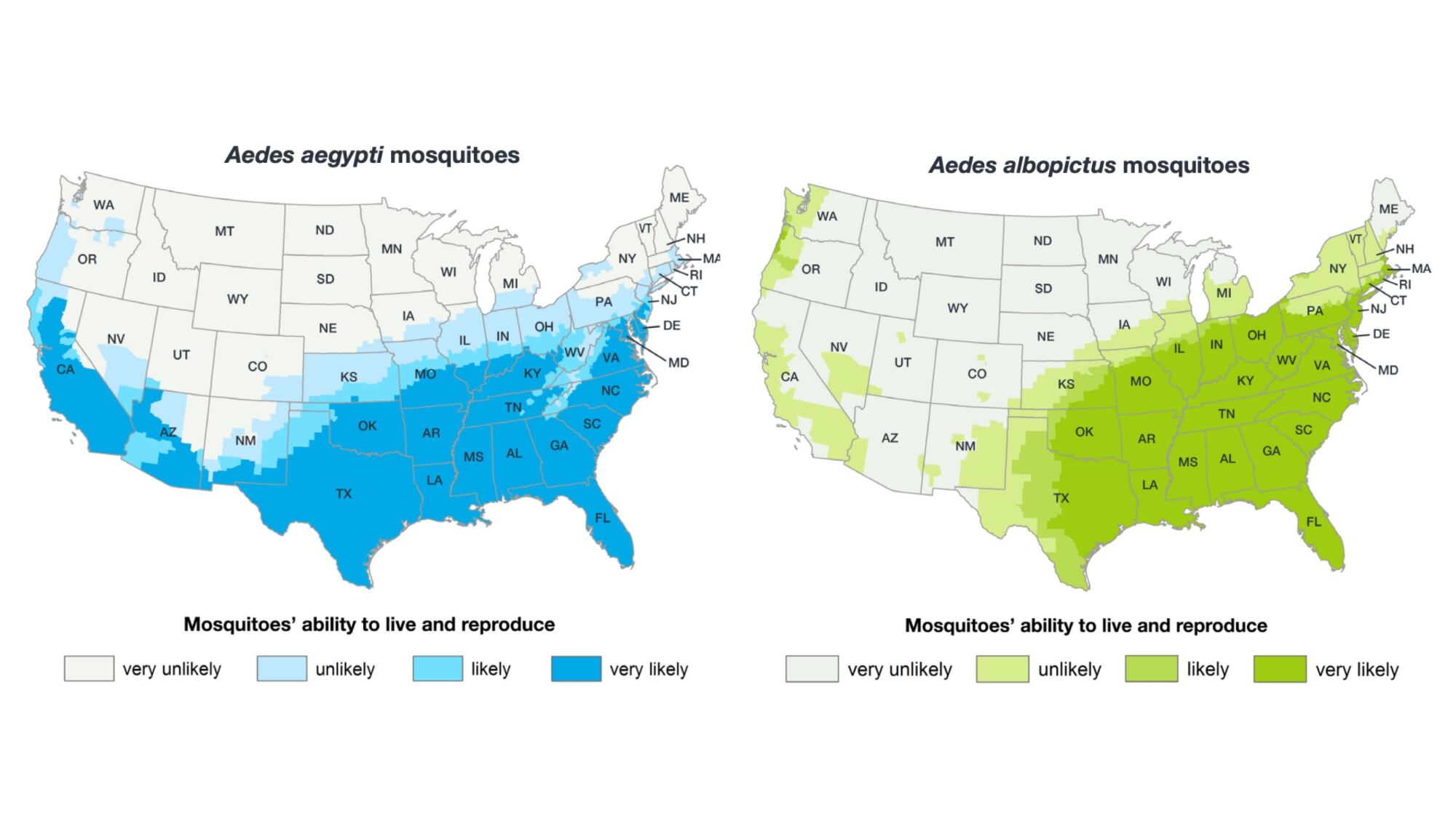 Range maps of Aedes aegypti (left, in blue) and Aedes albopictus (right, in green). See text for description of which states are highlighted.