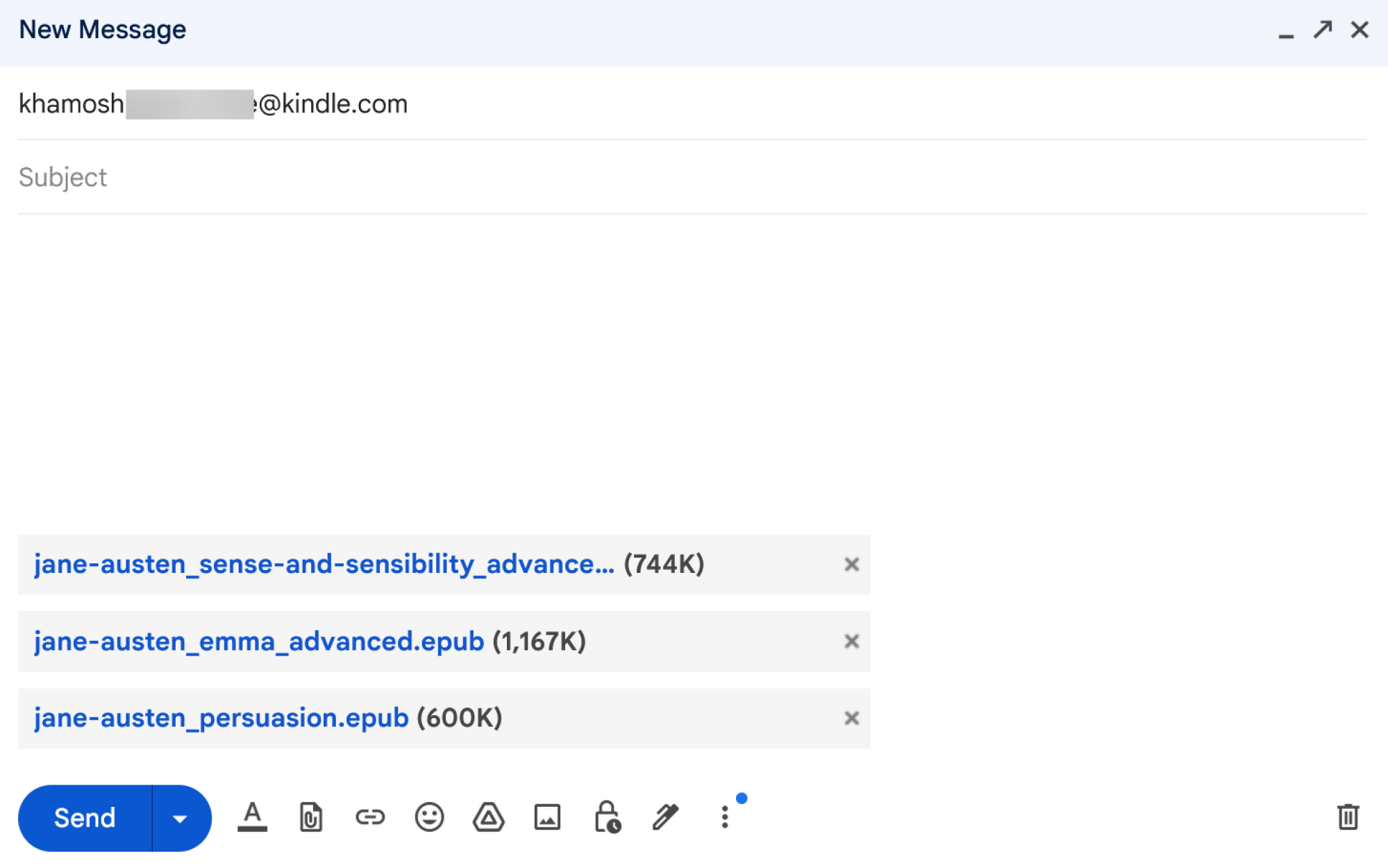 Sending an email with e-books and documents attached to Kindle email address.