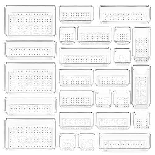 Vtopmart 25 PCS Clear Plastic Drawer Organizers Set, 4-Size Versatile Bathroom and Vanity Drawer Organizer Trays, Storage Bins for Makeup, Bedroom, Kitchen Gadgets Utensils and Office