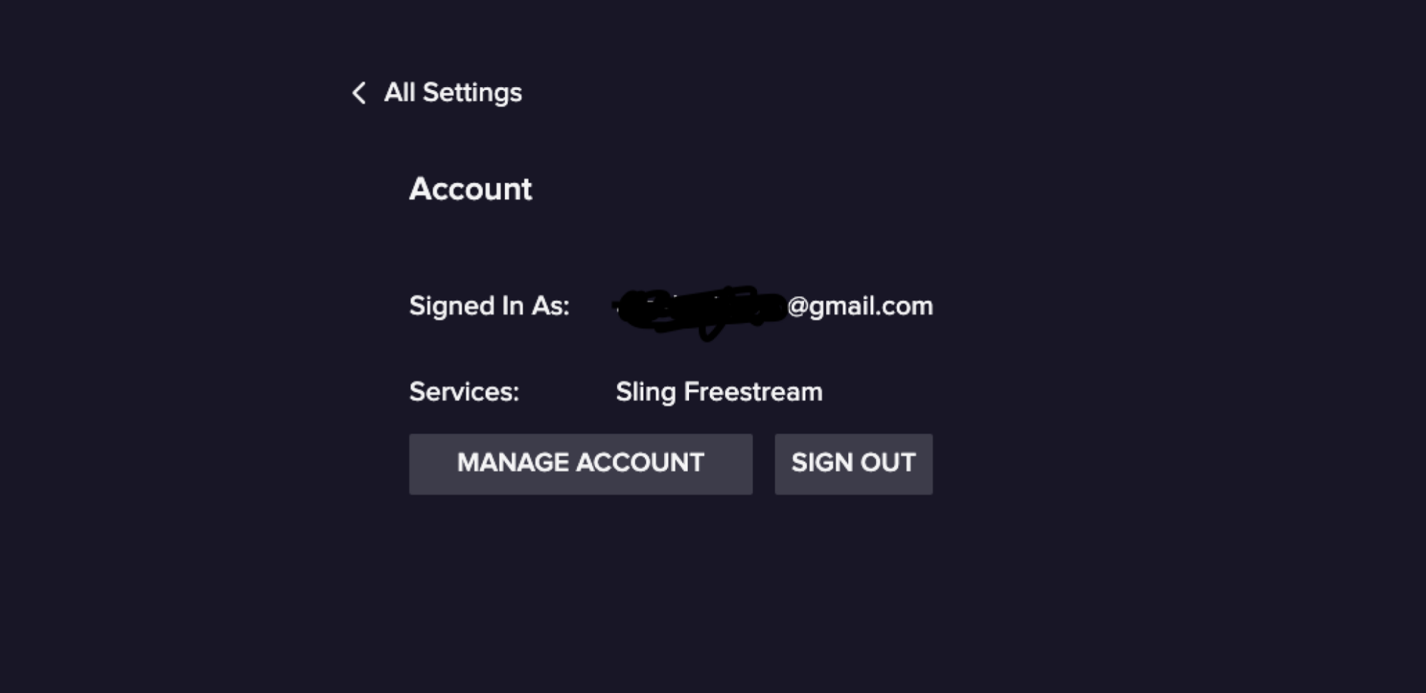 Screenshot of Sling TV account page