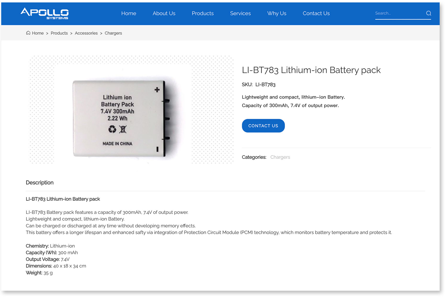 A screenshot of the LI-BT783 battery displayed on the Apollo Systems HK website before it was removed from the internet.