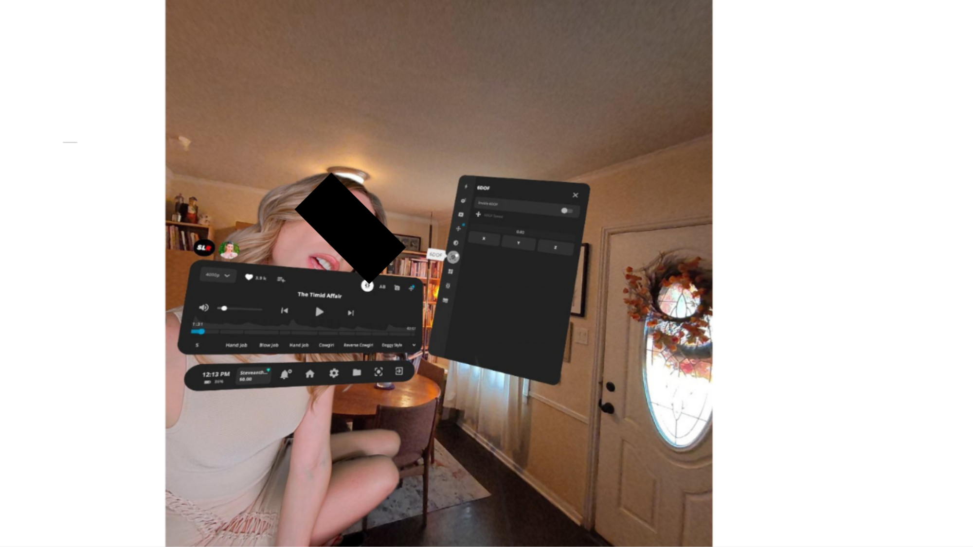 A VR porn passthrough image of a woman seeming to appear in the author's home. A black bar has been placed over her face to hide her identity. Floating app control menus are visible in the screen captured image.