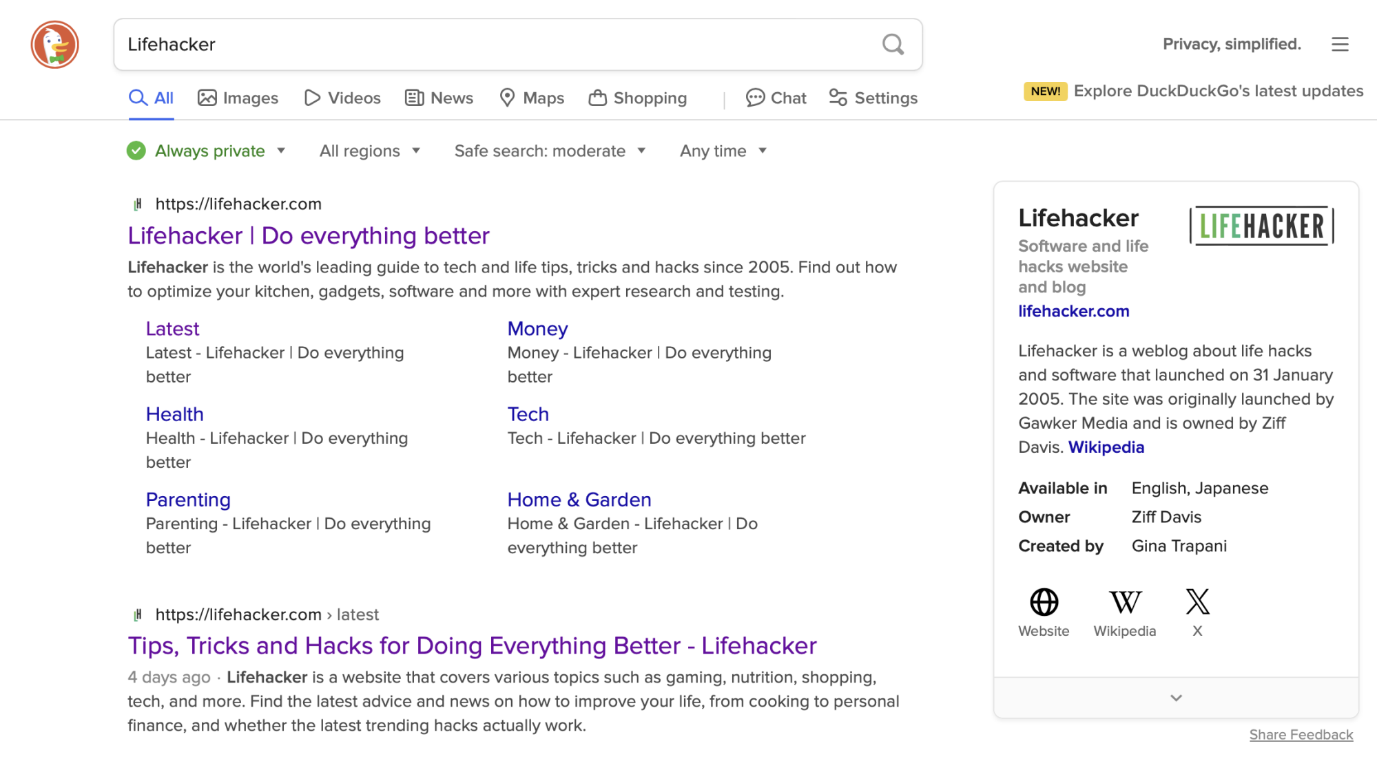 A DuckDuckGo search for the word Lifehacker