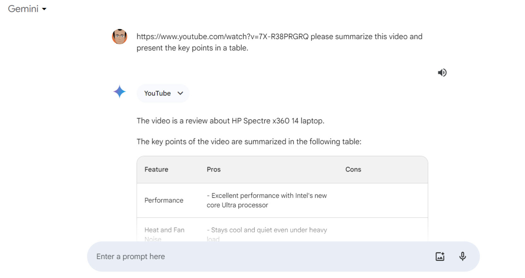 Gemini summarizes a YouTube video with the information intables