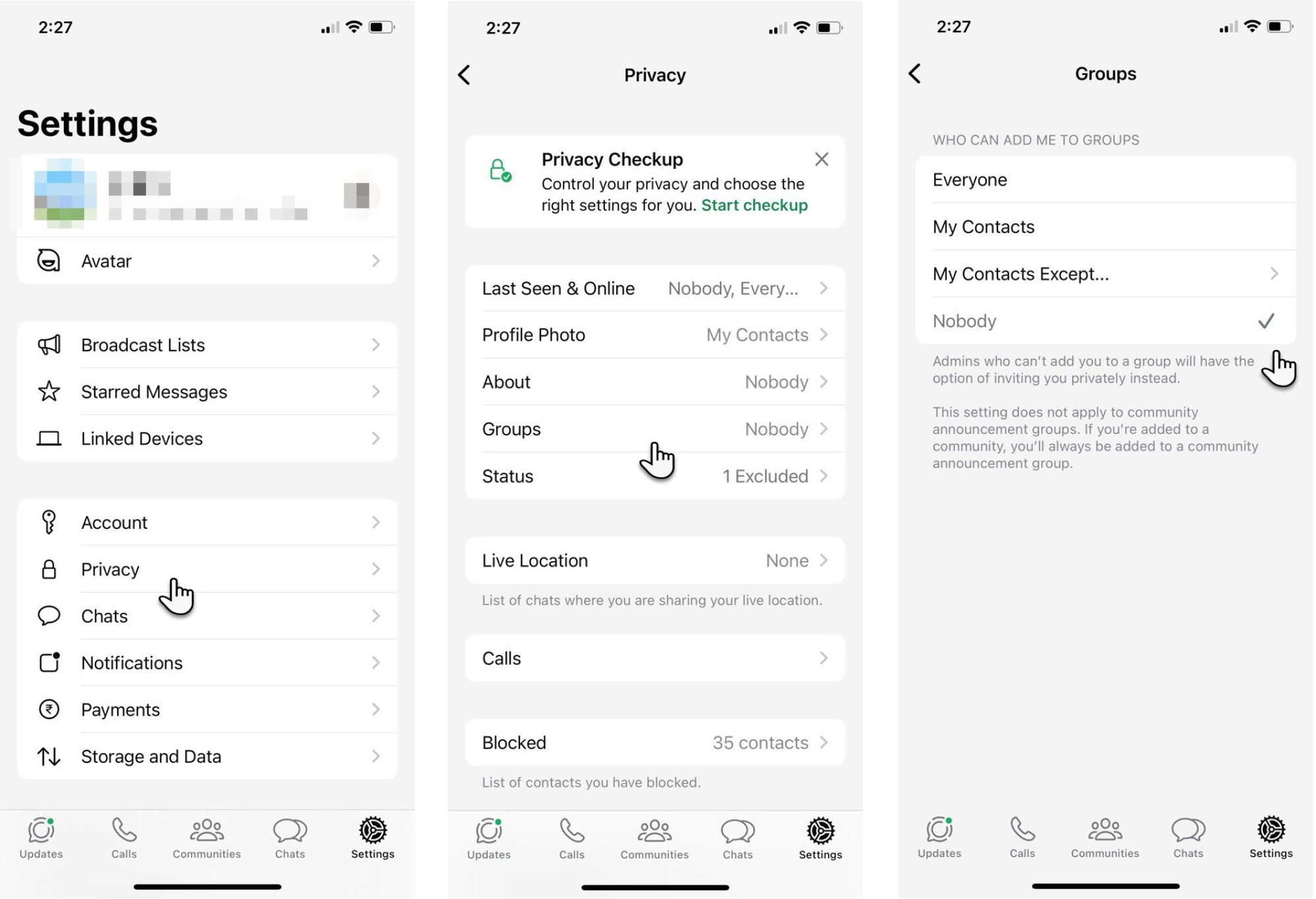 WhatsApp for iOS group privacy settings showng the Nobody option