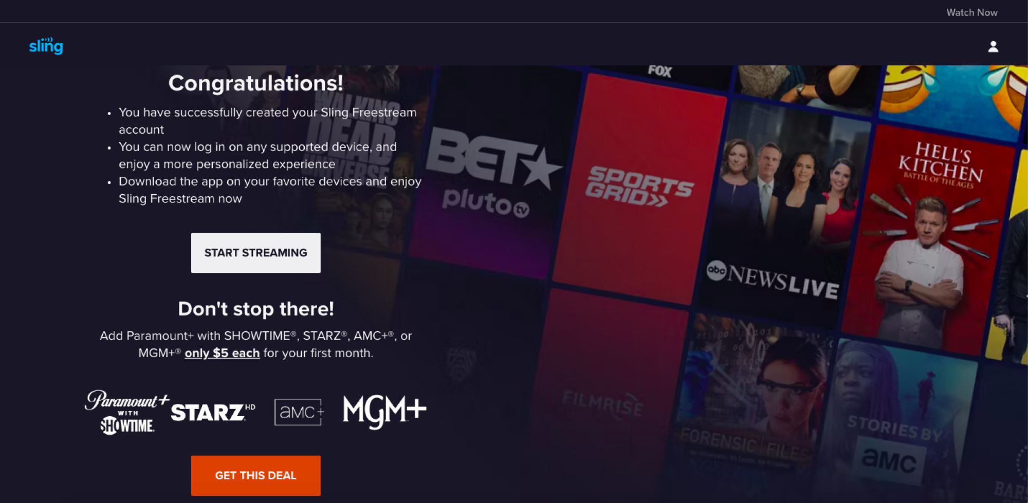 Screenshot of Sling TV with white box that says Start Streaming