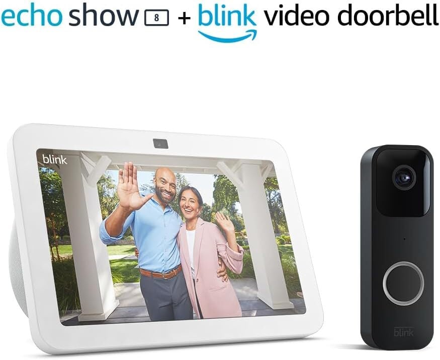 White Echo Show and Black Video Doorbell