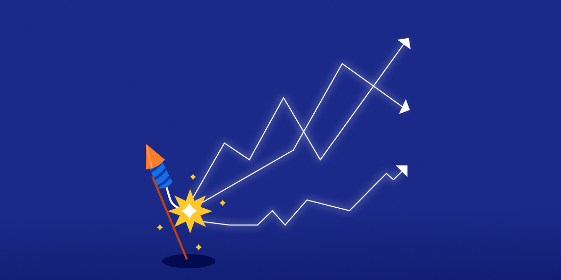 Illustration of lit rocket firework and line chart 