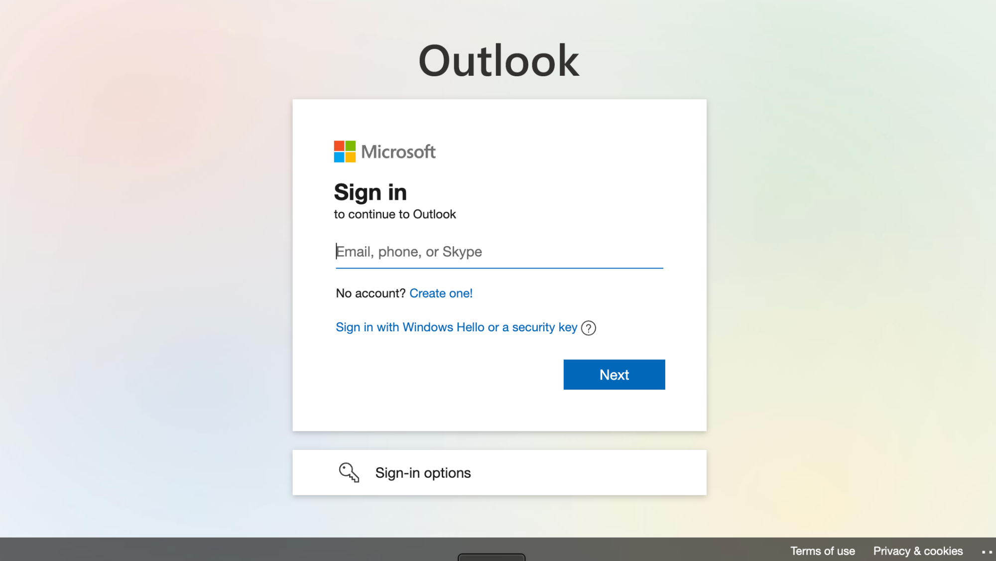 Screenshot of Outlook login page