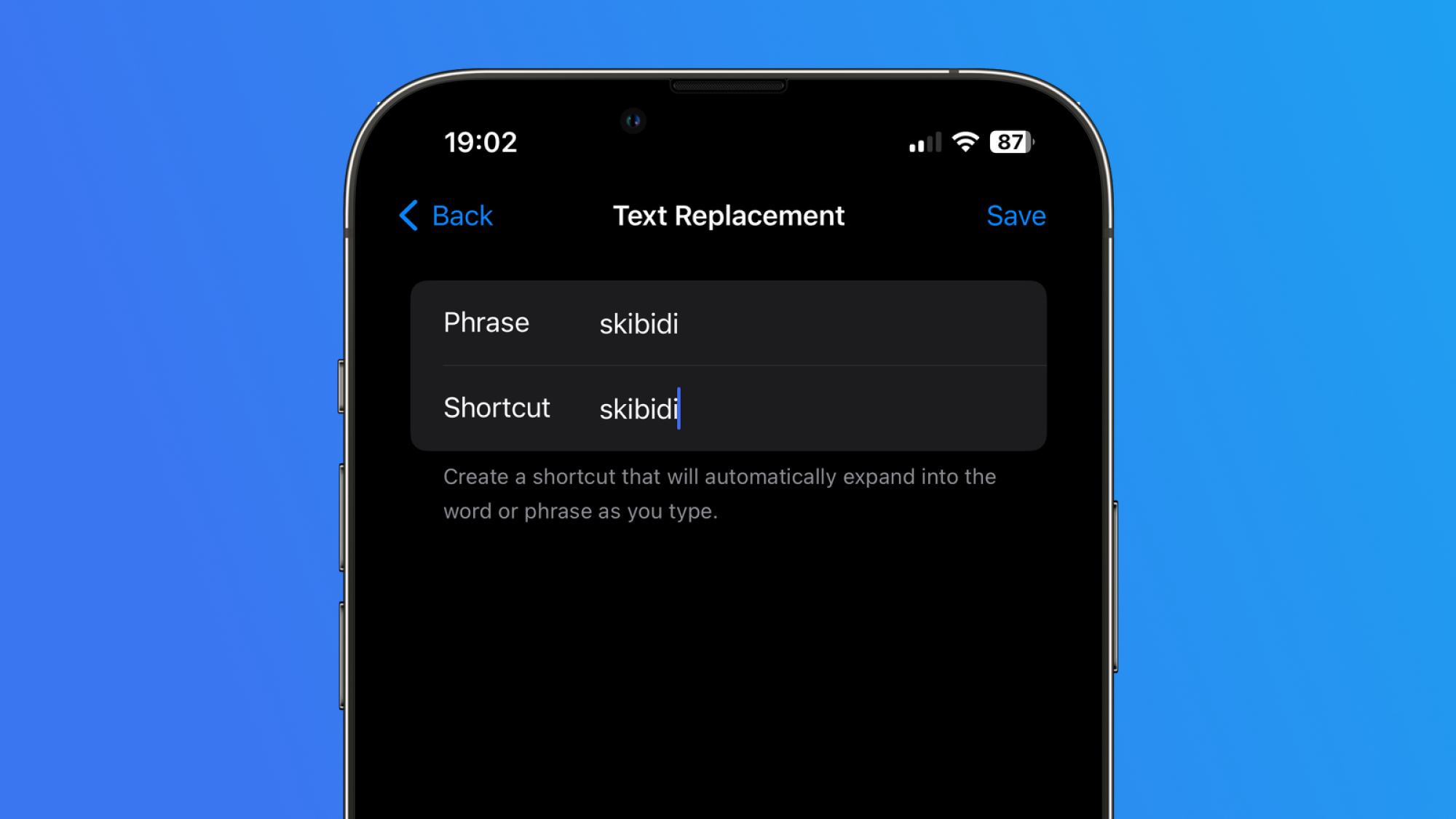 A screenshot of text replacements on the iPhone