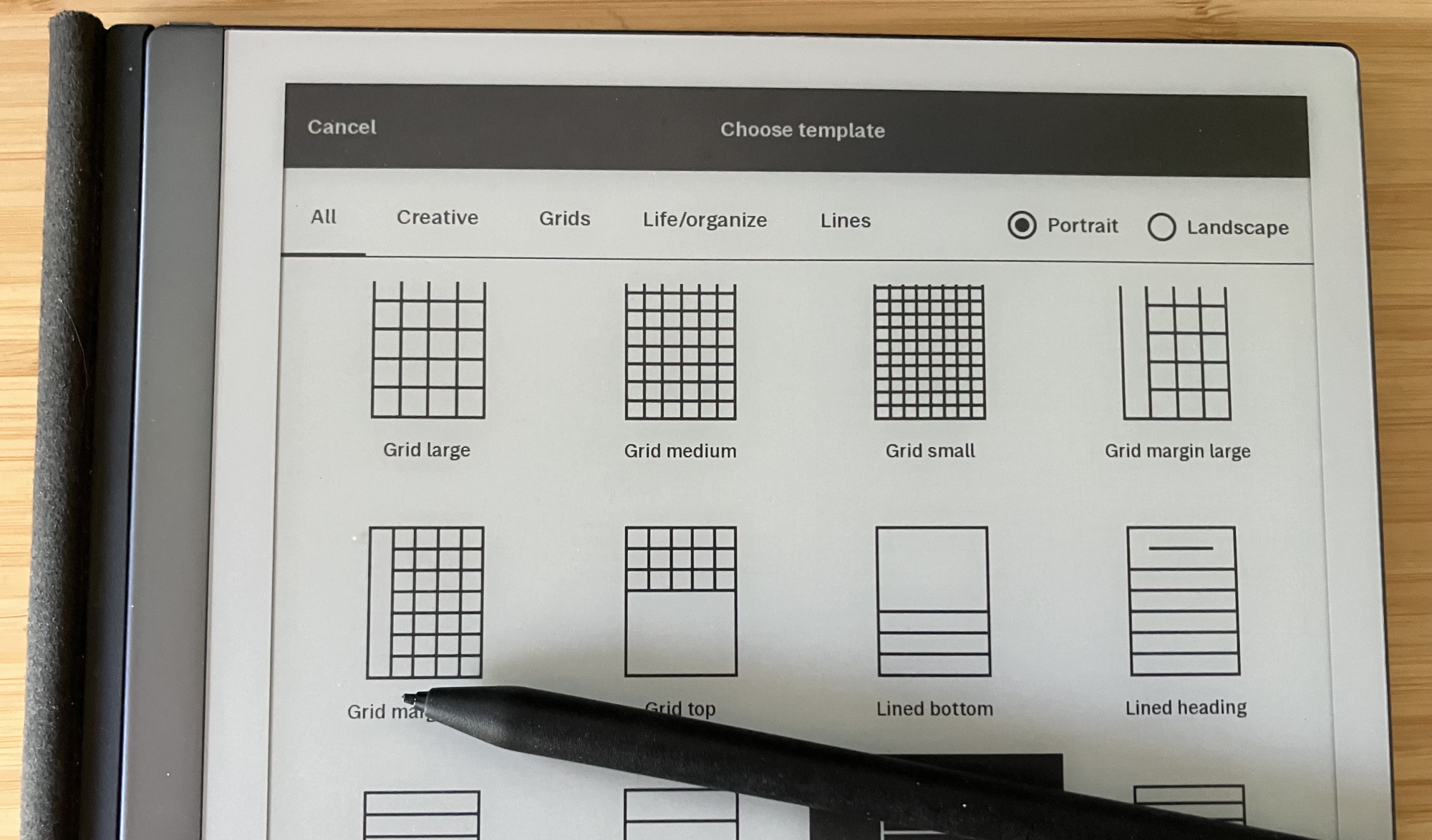 The paper selection page of the Remarkable tablet