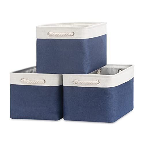 Bidtakay Storage Baskets Collapsible [3-Pack] Decorative Storage Bins with Cotton Rope Handles 15 X 11 X 9.5 Inch Organizing Baskets for Shelves Clothes Closet Navy Blue Baskets for Gifts Empty