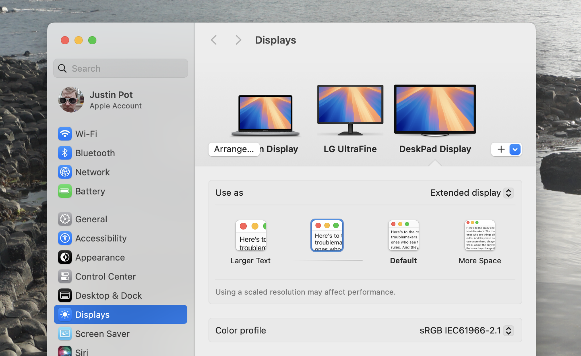 The System Preferences window in macOS, opened to Displays. Deskpad shows up the way any other monitor would.