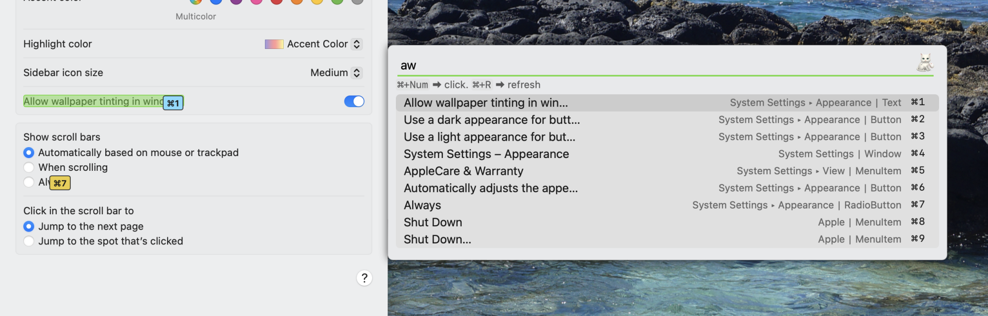 Searching for AW in Shortcat allows me to quickly click the Allow wallpaper tinting option in System Settings. 