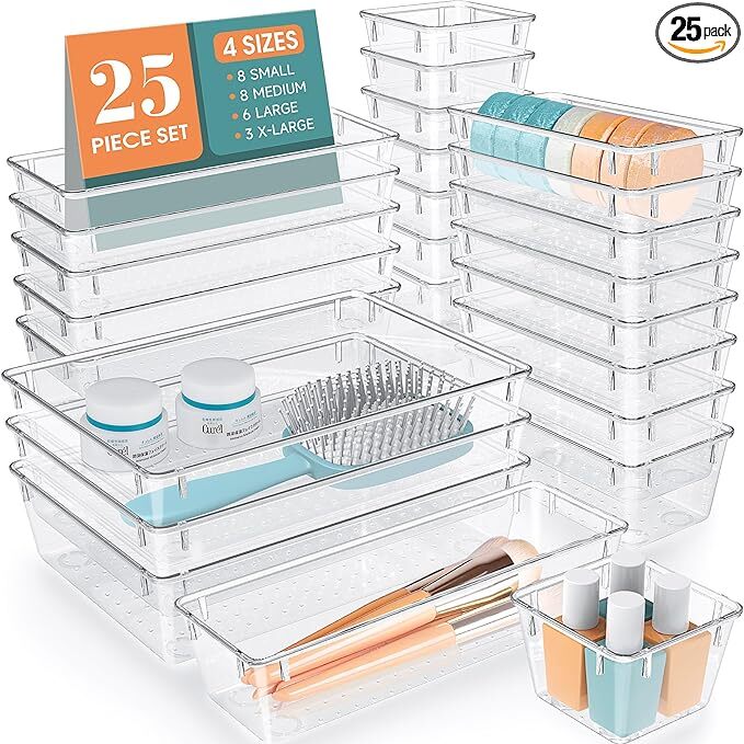 WOWBOX 25 PCS Clear Plastic Drawer Organizer Set, 4 Sizes