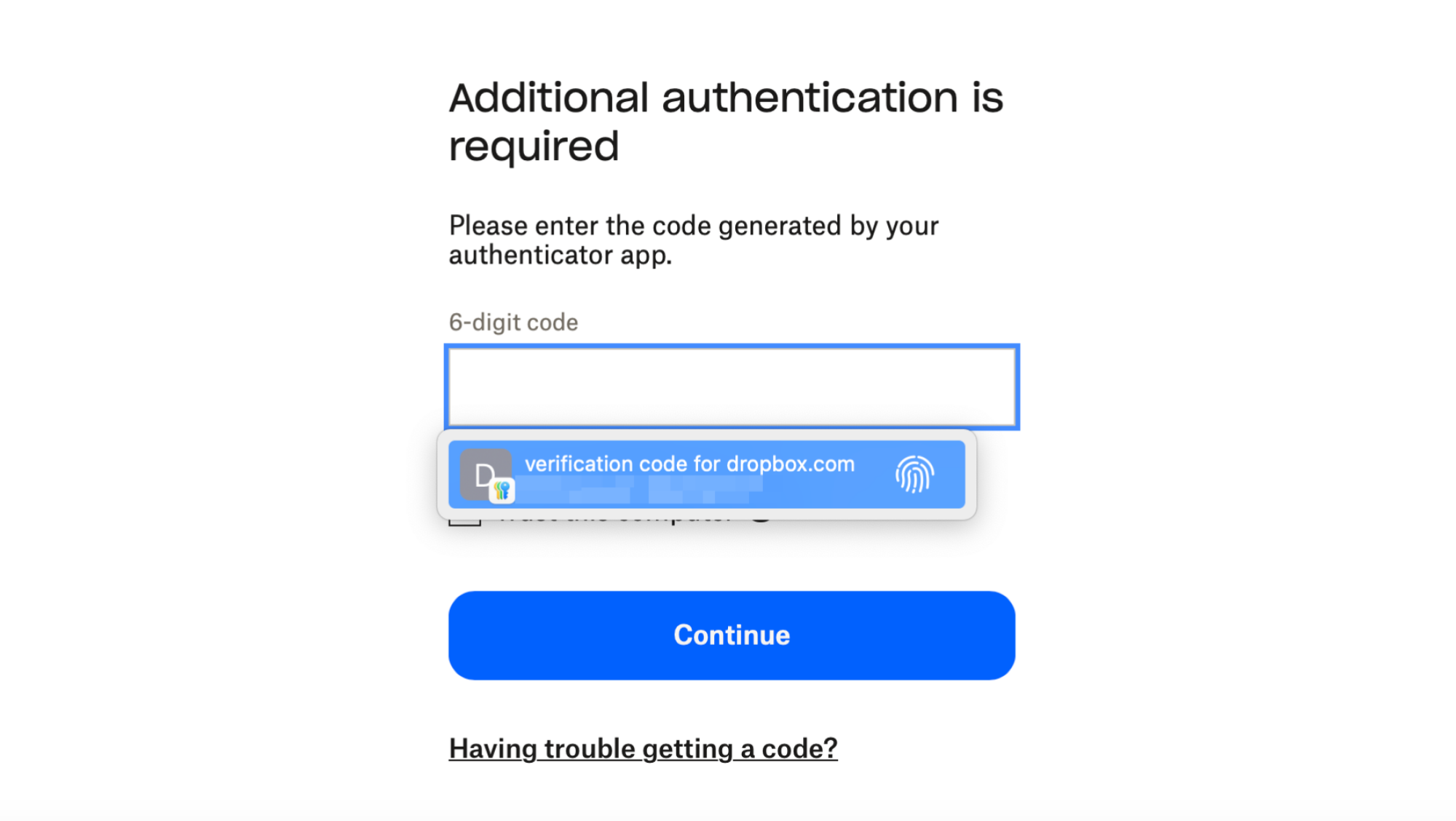 Autofill option for two-factor authentication codes in Safari.