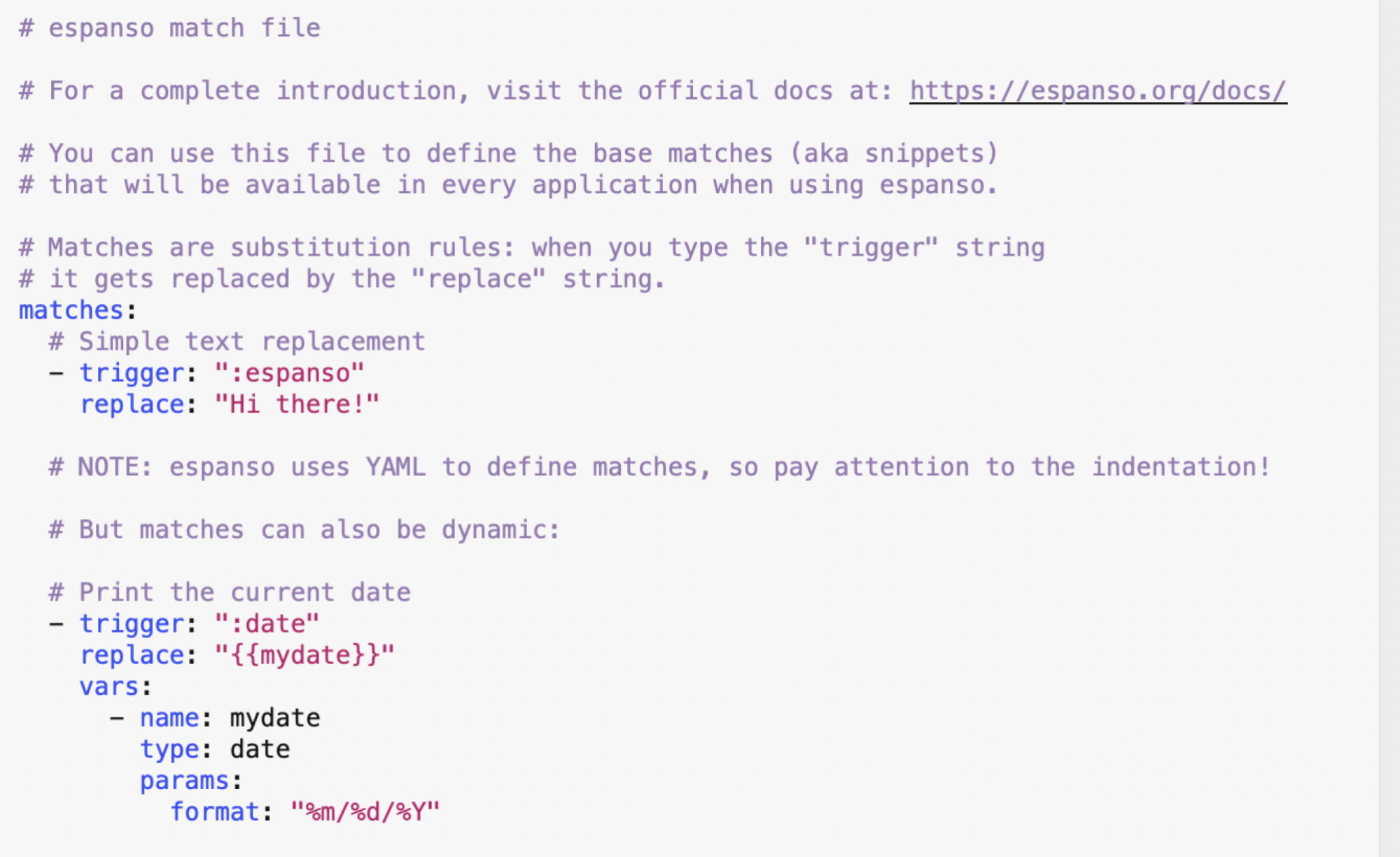 A screenshot of the default base configuration file, which unfortunately is too long to include in alt text. It explains how the application works and provides a few demonstration replacements. 