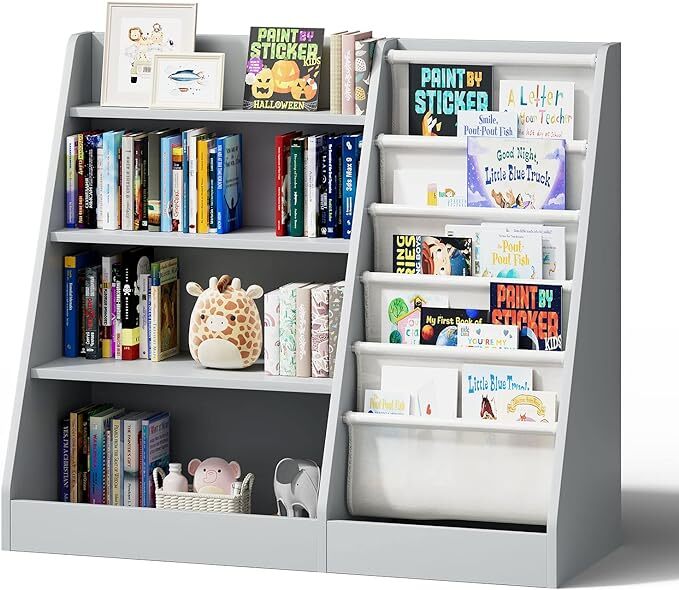 Gray 4 Tier Kids Wooden Bookshelf,Five Layer Sling