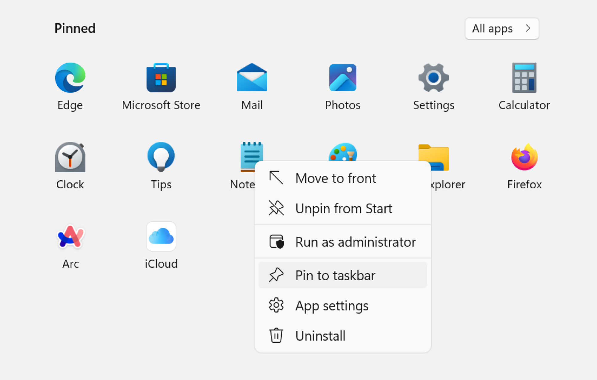 Pinning apps to the taskbar.