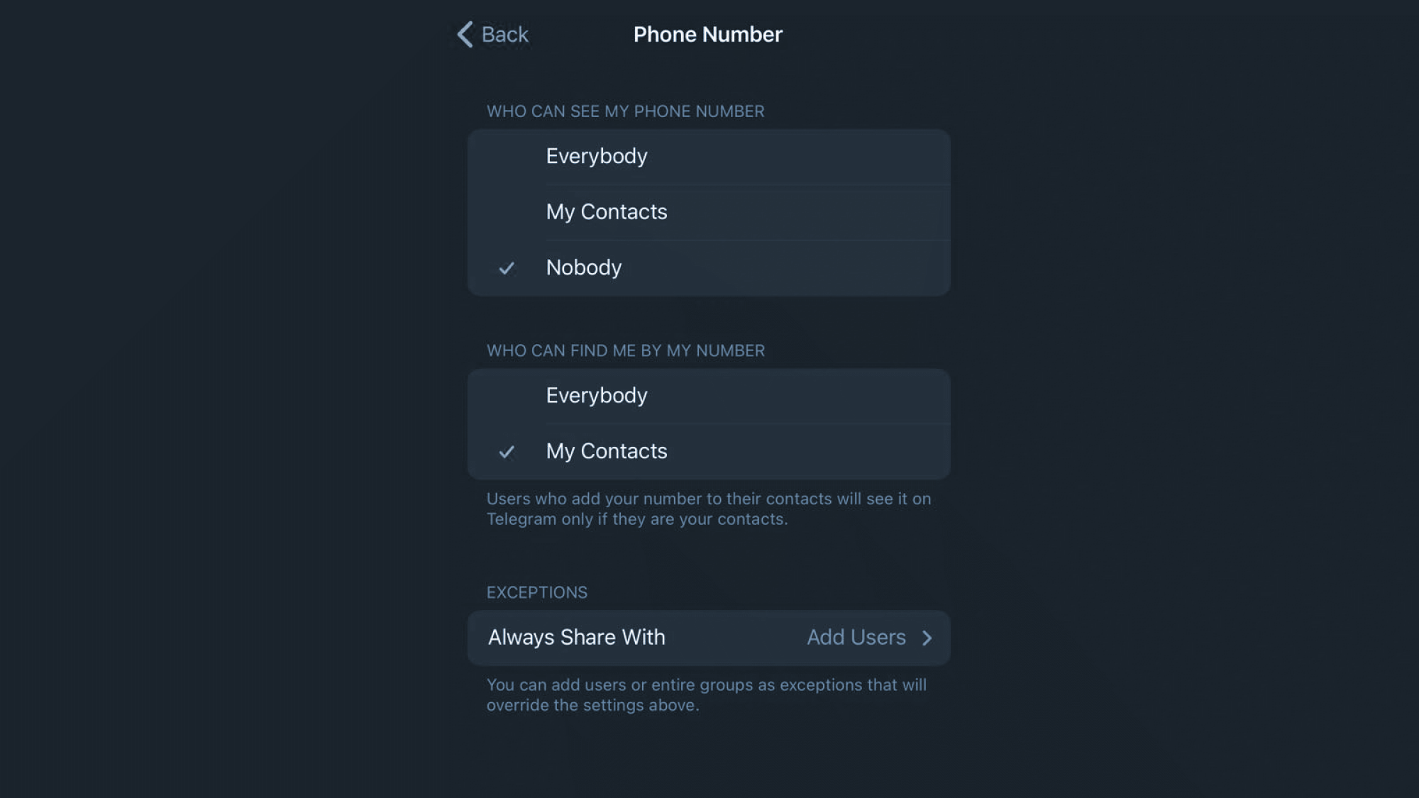 A screenshot of Telegram settings, showing the option to hide your phone number.