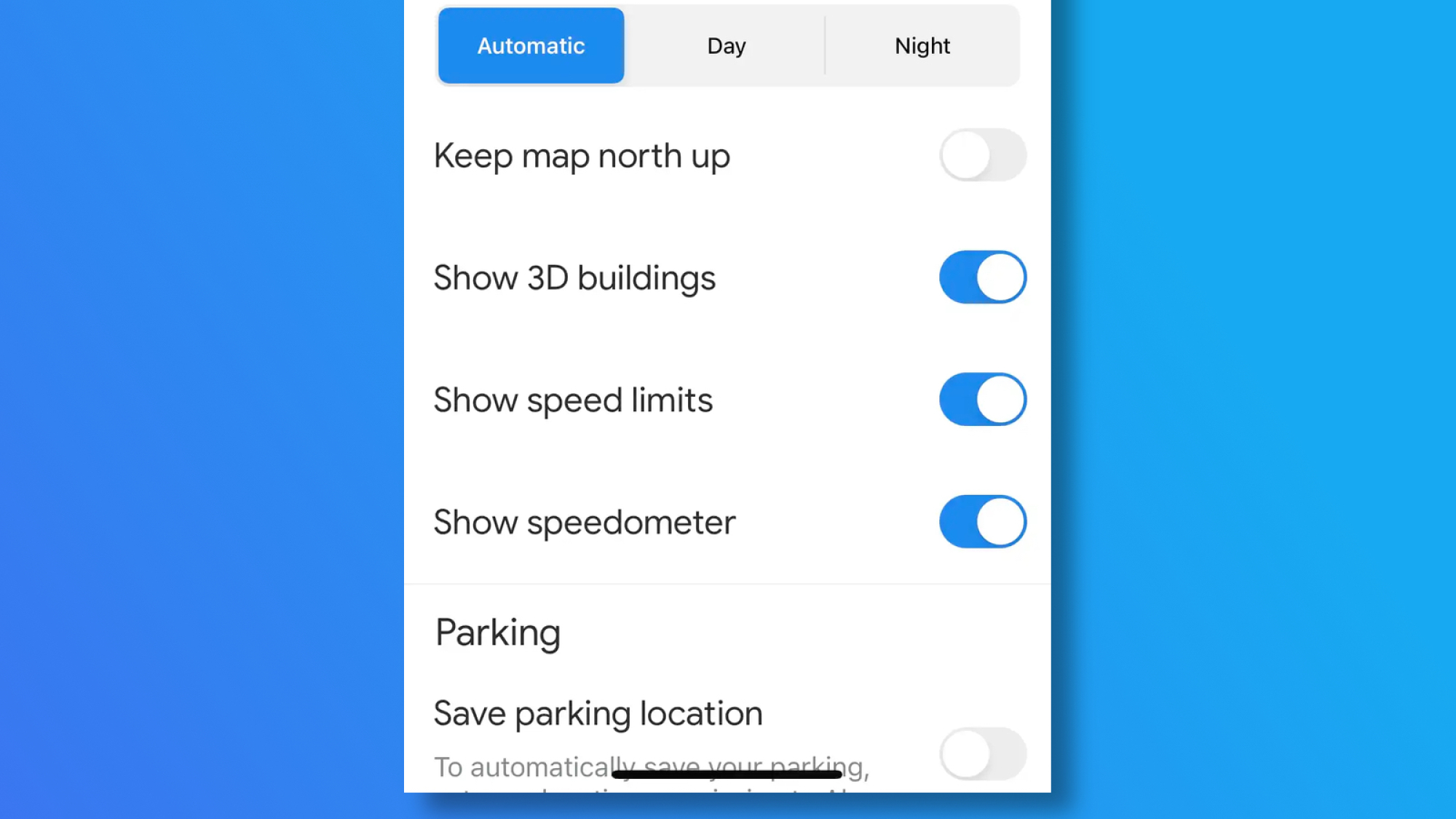 Google Maps' settings page on an iPhone showing the Show Speedometer feature.