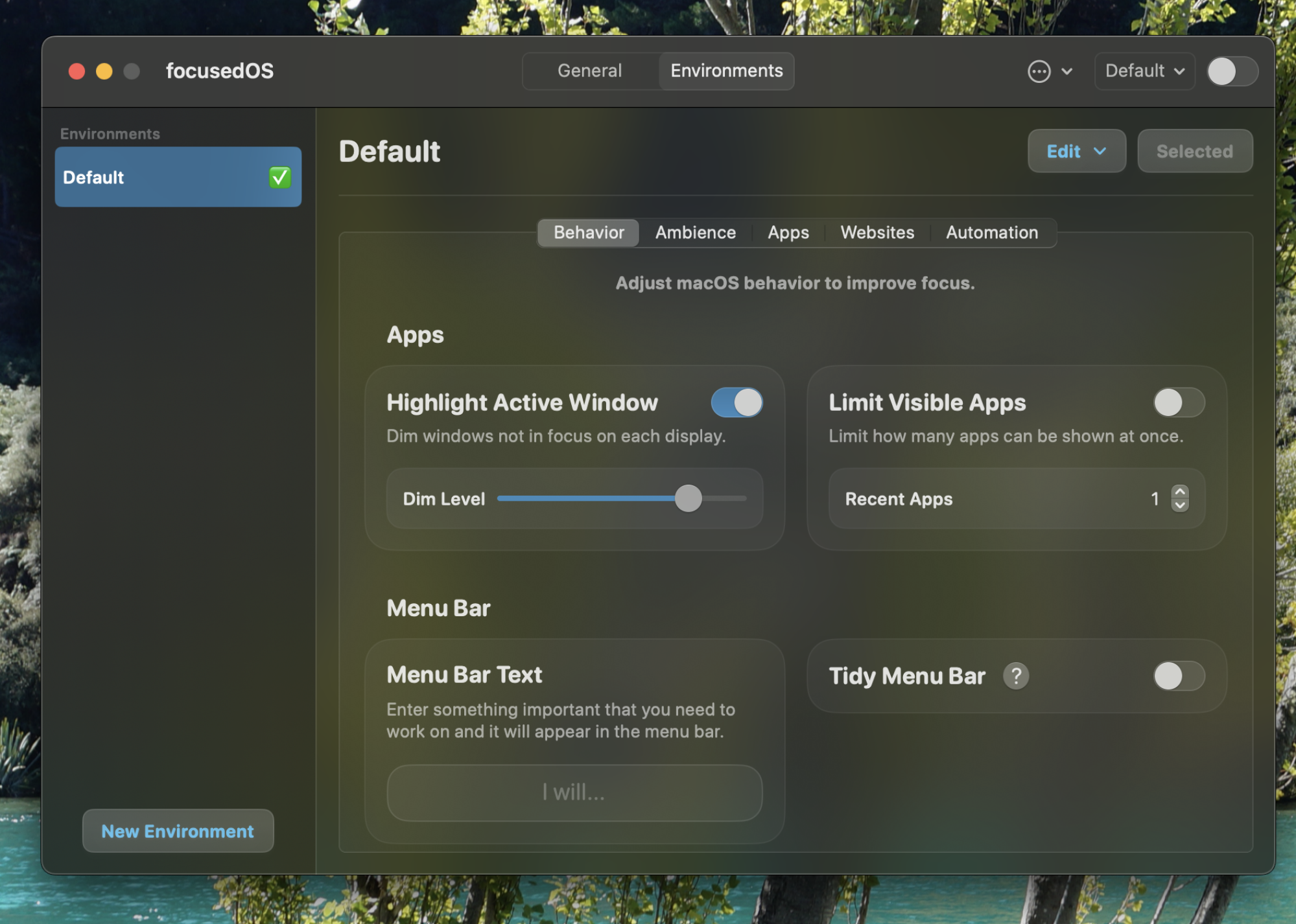 A screenshot of the Behavior tab, which offers settings for the Highlight active window, menu bar, and limit visible apps features. 