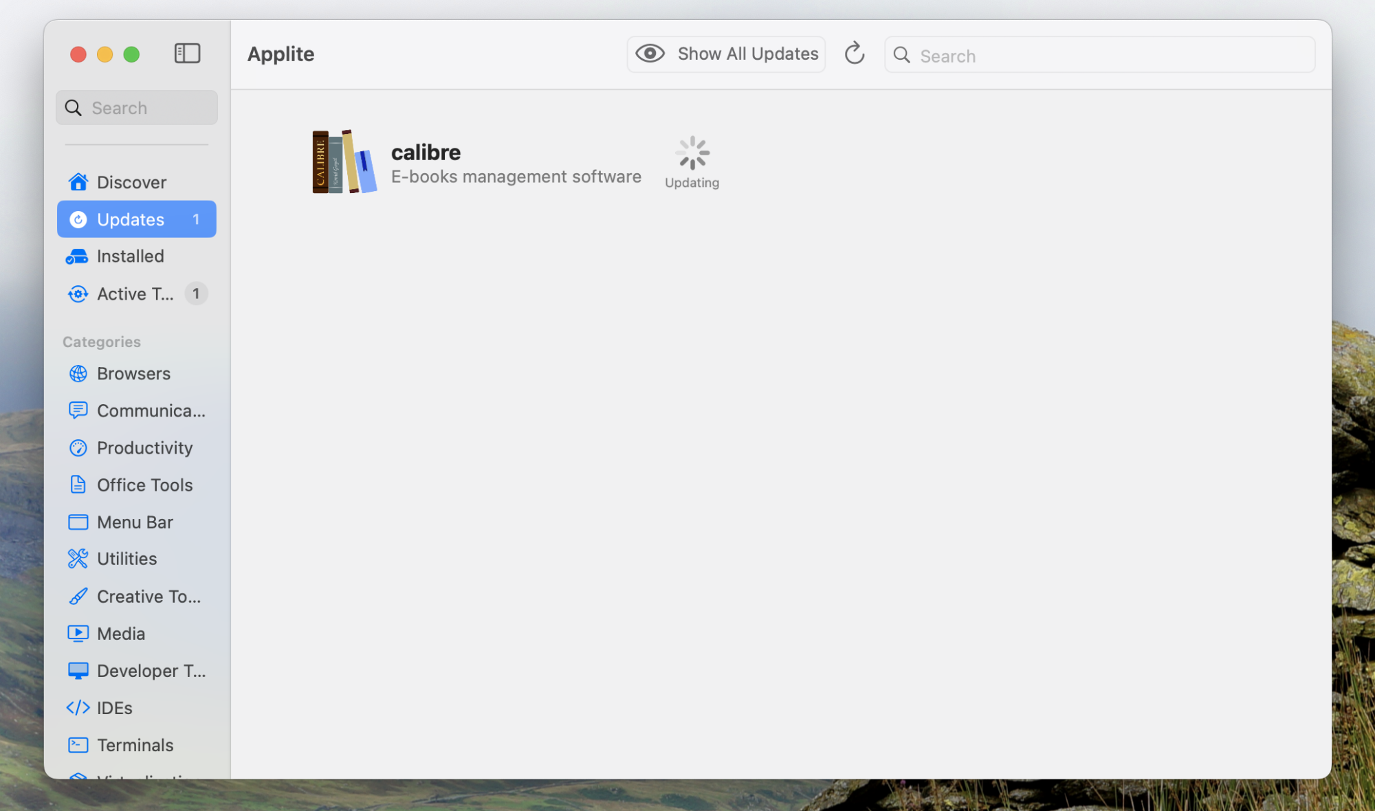 A screenshot of Applite updating the application calibre