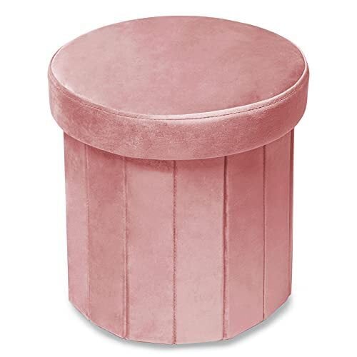 Phantoscope Storage Ottoman Round15 Inch, Velvet Folding Storage Boxes Footrest Foot Ottoman Toy Box, Padded Seat for Dorm Living Room Bedroom, Support 220lbs Pink