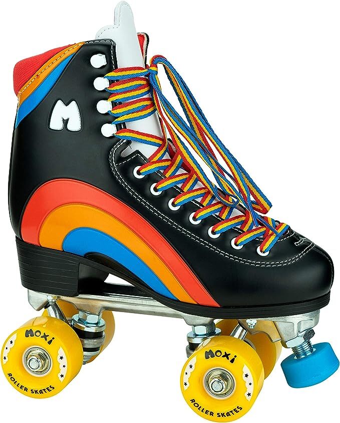 black roller skates with a rainbow on them