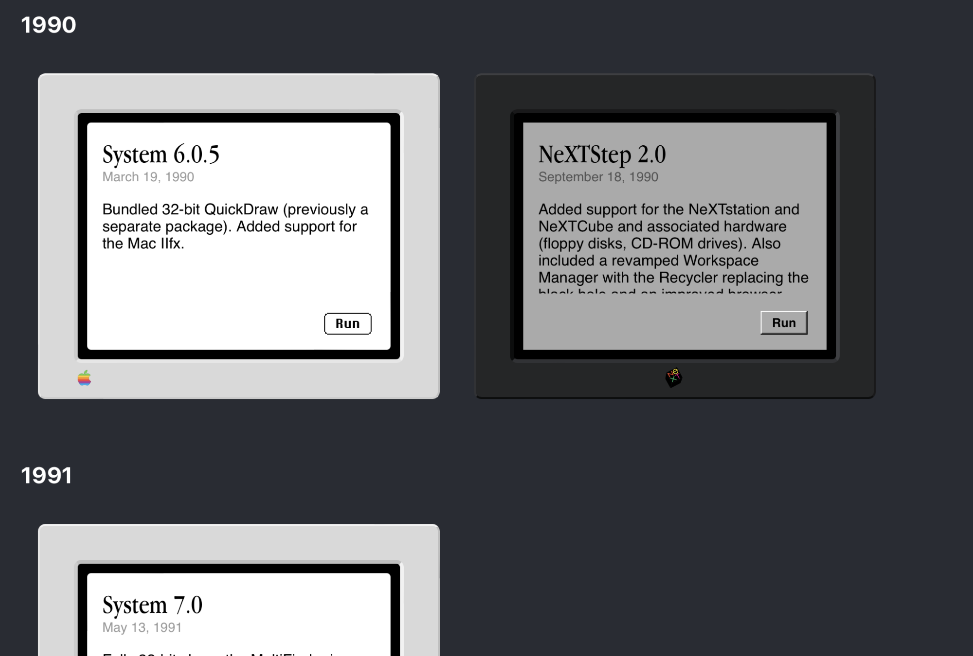 Frames offer a few different versions of Class Mac OS. Each one offers a Run button. 