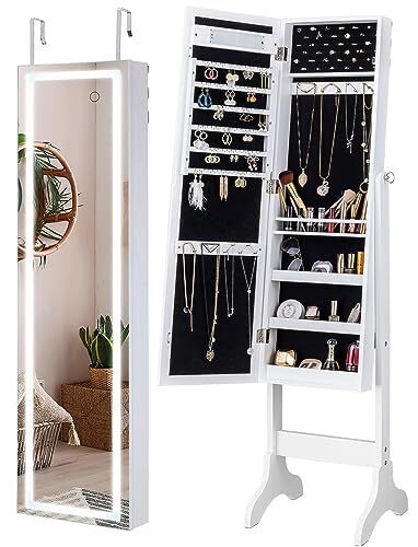 YOKUKINA LED Mirror Jewelry Cabinet Standing Jewelry Armoire, Full Length Mirror with Jewelry storage, Lockable Jewelry Organizer Mirror, Wall Mount/Over the Door, White