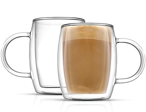 JoyJolt Double Wall Glass Coffee Mugs - 13.5oz Double Walled Glasses, Thermal Borosilicate Glass Insulated Coffee Mug. Clear Coffee Glass Cup, Cappuccino Mug, Iced Coffee Cup, Tea Mugs