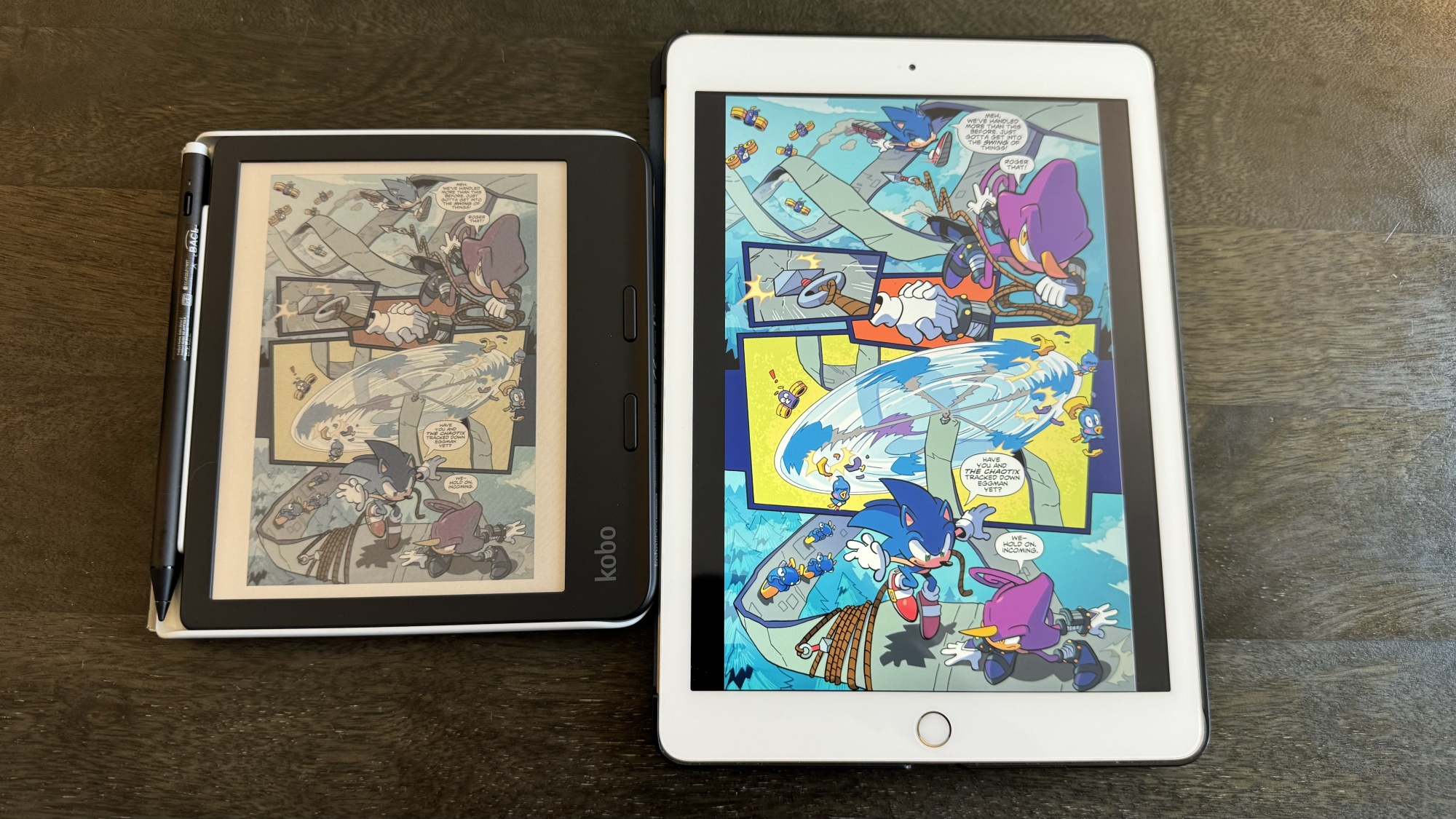 A Sonic the Hedgehog comic displayed on Kobo Libra Colour and iPad